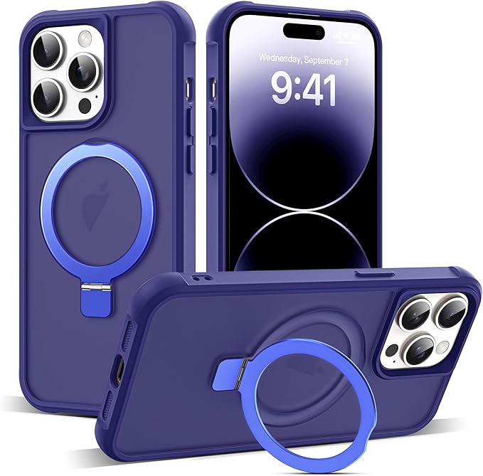 Compatible with iPhone 14 Pro Max Case with Invisible Magnetic O-Ring Stand Military-Grade Translucent Case for iPhone 14 ProMax 6.7" [Compatible with Mag-Safe][Great Grip Feeling], Navy