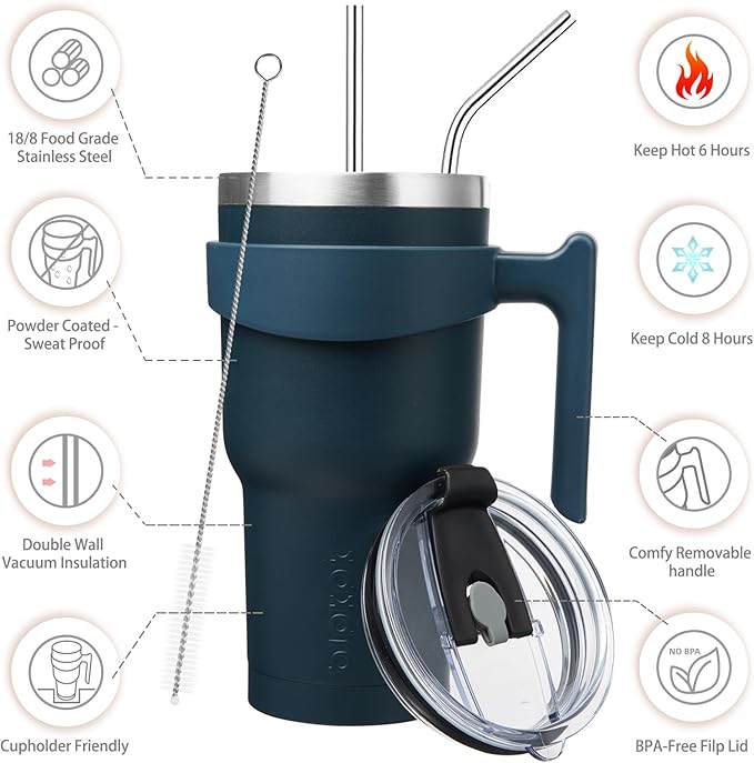 BJPKPK 30oz Stainless Steel Double Wall Insulated Tumbler With Handle And Straw Lid,Navy Blue