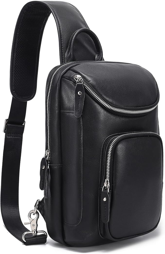LANNSYNE Full Grain Leather Sling Bag For Men, Crossbody Chest Daypack Fits 10.5" iPad, Men’s Crossbody Bag