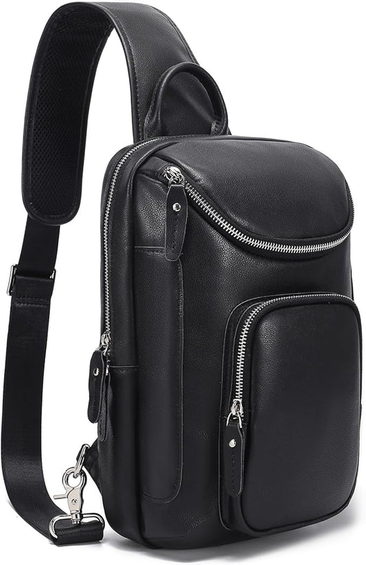 LANNSYNE Full Grain Leather Sling Bag For Men, Crossbody Chest Daypack Fits 10.5" iPad, Men’s Crossbody Bag