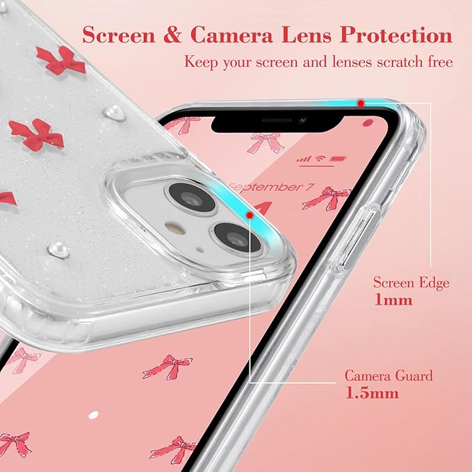 EYZUTAK Case for iPhone 11, Bling Glitter 3D Bowknot Phone Case Cute Sparkly Crystal Clear Bow Aesthetic Design Case Slim Soft Durable TPU Transparent Protective Cover for Women Girl - Red Bow