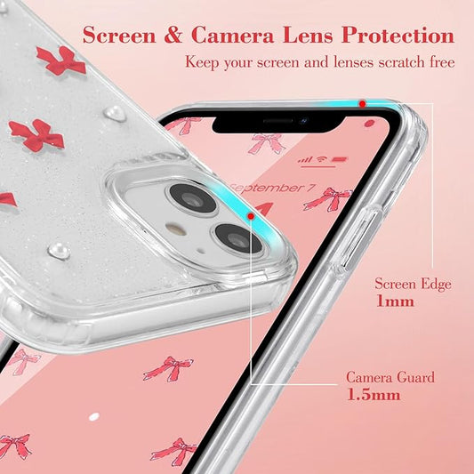 EYZUTAK Case for iPhone 11, Bling Glitter 3D Bowknot Phone Case Cute Sparkly Crystal Clear Bow Aesthetic Design Case Slim Soft Durable TPU Transparent Protective Cover for Women Girl - Red Bow