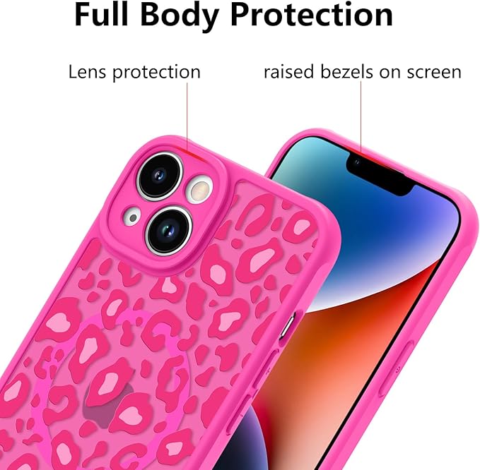 KANGHAR Case for iPhone 14 Hot Pink Leopard Printed Pattern Cute Cheetah [Compatible with Magsafe] Protective Magnetic Case for Girls Women 6.1"