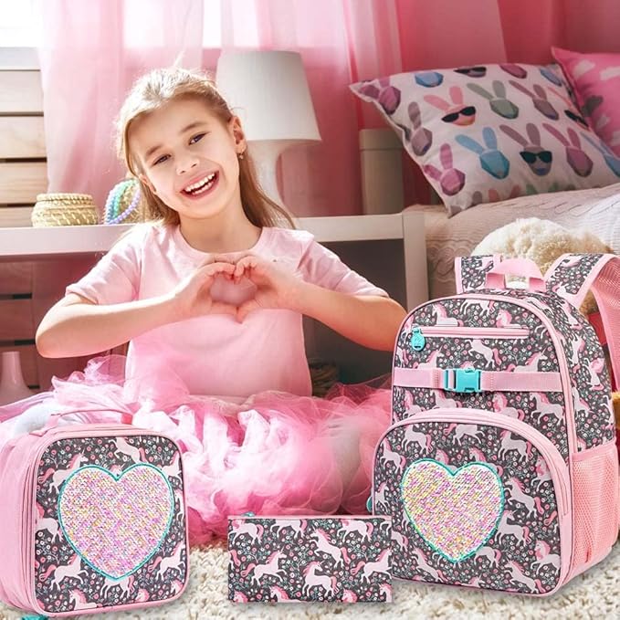 3pcs Unicorn Backpack, 16" Girls Sequin Bookbag with Lunch Box, Kids School Backpacks for Elementary Kindergarten Preschool(Pink)