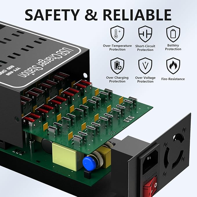 Multiple USB Charging Station, RUANSZZ 60 Port 300 Watt (60A) USB~C Charger Block with Power Switch, Multiple USB Desktop Charger Station, Suitable for Shops, Hotels, Schools, Shopping malls