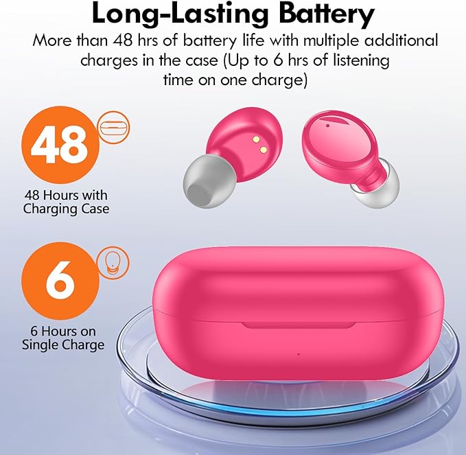 Lanteso True Wireless Bluetooth 5.3 Earbuds, 48H Playtime,Light Weight Headphones in Ear Buds Built in Mic Headset Premium Sound with Deep Bass,Clear Calls Earphones for Sports Workout Hot Pink