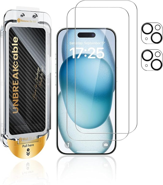 UNBREAKcable 2+2 Pack for iPhone 15 Screen Protector & Lens Protector 【Military-Grade】【Easy Install】【Efficient Night Shot】9H+ Shatterproof Tempered Glass Film,Bubble-Free&Anti-Fingerprint ,Case Friendly-6.1 inch