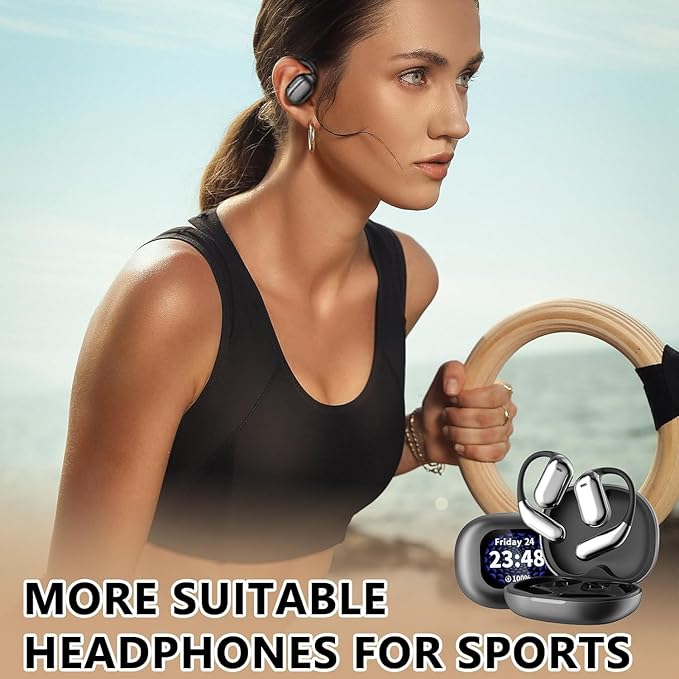 Open Ear Earbud Wireless Bluetooth 5.4 Earbuds,Intelligent Touch Screen Headphones,50H Playtime,Ergonomic Ear Hook,Built-in Mic,LED Display Charging Case,for Sport Running Fitness (Grey)