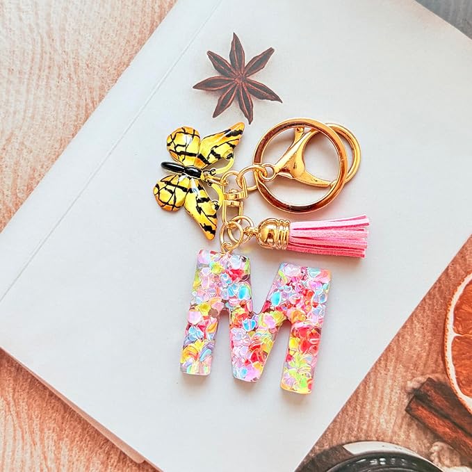 Cute Initial Letter Keychains for Girls Women with Tassel Butterfly Colourful Alphabet Keychain for Backpacks