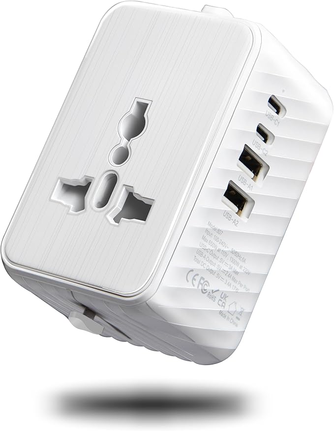 Universal Travel Plug Adapter Worldwide with 2 USB C and 2 USB A Ports, Travel Accessories Travel Charger International Travel Adapter Plug Travel Essentials USA to UK Europe Australia (White, 17W)