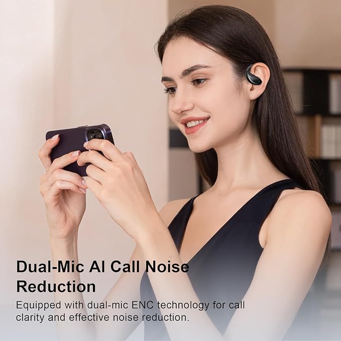 Open Ear Clip Wireless Earbuds Bone Conduction Headphones, Bluetooth 5.4, Open Ear Design, Built-in Mic, IPX5 Waterproof, LED Display Charging Case,Ear Hooks Ear Buds,Design for Running Fitness Black