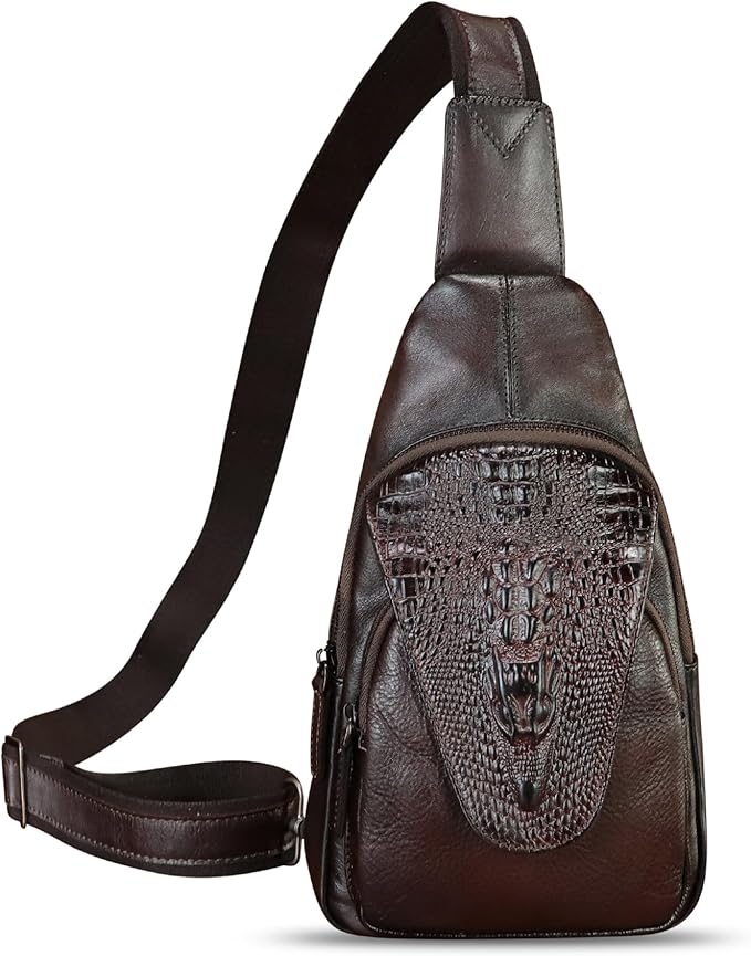 Genuine Leather Sling Bag Embossed Crocodile Pattern Leather Crossbody Sling Backpack Handmade Chest Purse Daypack (Coffee)