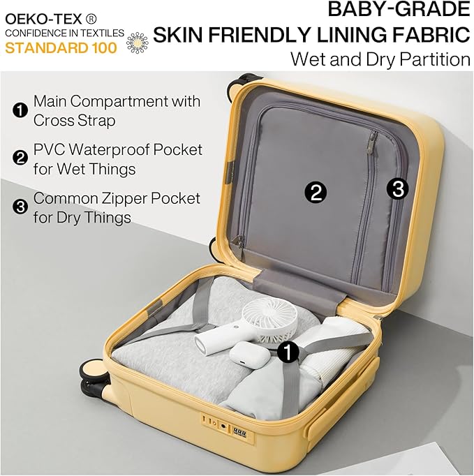 mixi 14 Inch Underseat Luggage Carry on Suitcase Free Boarding Personal Item Suitcases with Spinner Wheels Hardshell Lightweight PC for Short Travel, Lark Yellow