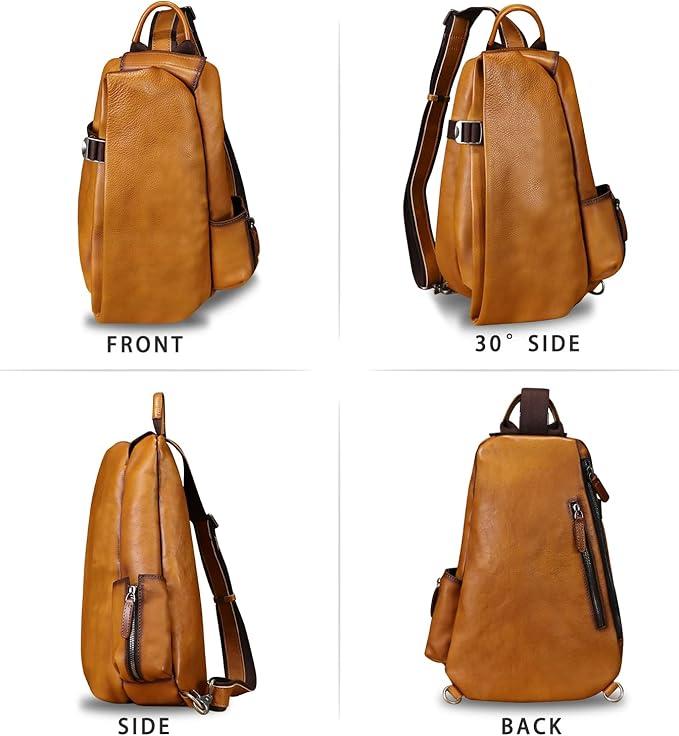 Genuine Leather Sling Bag Crossbody Purse Handmade Hiking Daypack Motorcycle Bag Retro Shoulder Backpack Vintage Chest Pack (Brown)