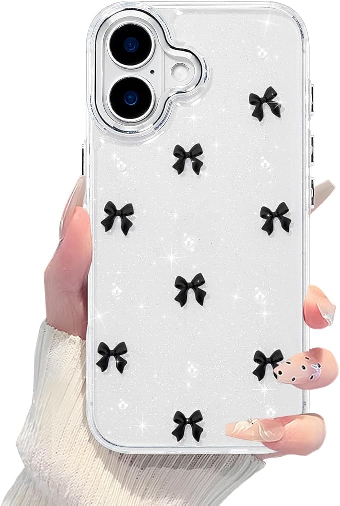 EYZUTAK Case for iPhone 16, Bling Glitter 3D Bowknot Phone Case Cute Sparkly Crystal Clear Bow Aesthetic Design Case Slim Soft Durable TPU Transparent Protective Cover for Women Girl - Black Bow