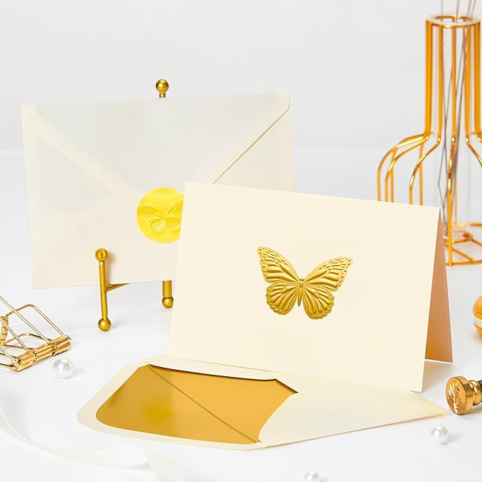 Crisky 25 Pack Embossed Gold Greeting Cards with Envelopes & Stickers Butterfly Note Cards Bulk for Birthday, Baby Shower,Bridal Shower, Wedding, Graduation Blank Inside
