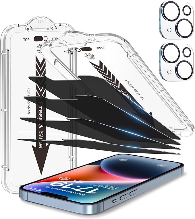 EZ-GLAZ-4+2 Pack for iPhone 14 Privacy Screen Protector[6.1 inches] With Camera Lens Protector, [Drop Protection] 9H Hardness Full Coverage Anti-Spy Tempered Glass Film, Easy to install