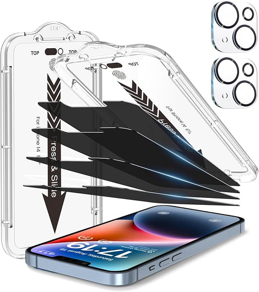 EZ-GLAZ-4+2 Pack for iPhone 14 Privacy Screen Protector[6.1 inches] With Camera Lens Protector, [Drop Protection] 9H Hardness Full Coverage Anti-Spy Tempered Glass Film, Easy to install