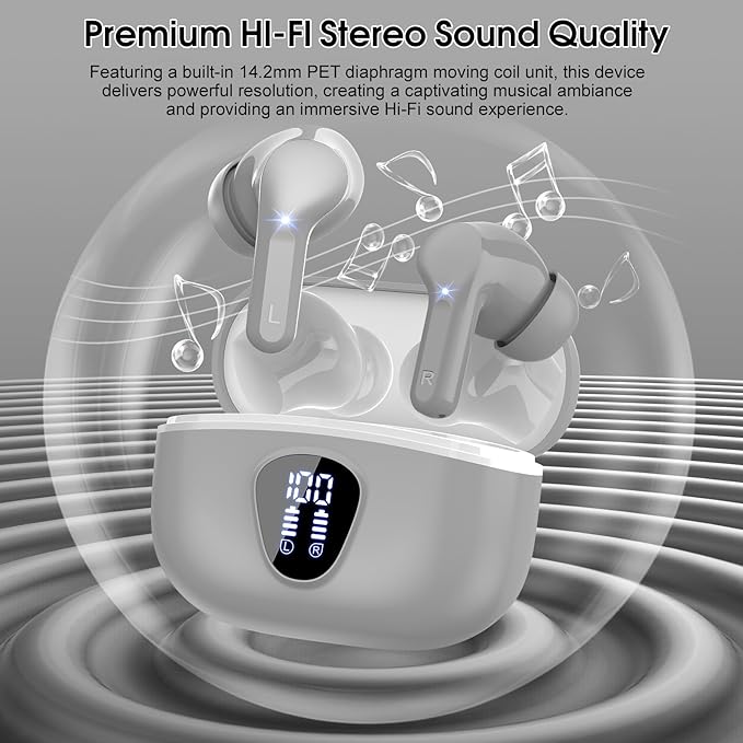 Wireless Earbuds, Bluetooth 5.4 Headphones HiFi Stereo, Bluetooth Earbuds with ENC Noise Cancelling Mic, IP7 Waterproof in Ear Earphones, 48H, LED Display Ear Buds for Pad Workout Sports, Grey