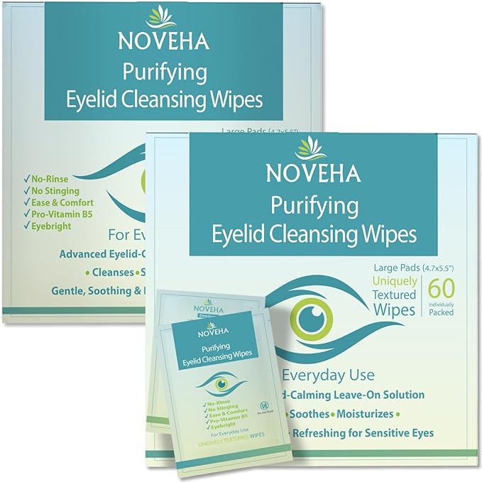 NOVEHA Eyelid & Lash Wipes | For Itchy, Dry Eyes, Styes & Blepharitis, Demodex | lid and lash Cleansing Wipes, Hypoallergenic & Soothing For Sensitive Eyes, (60 Count each (Pack of 2))