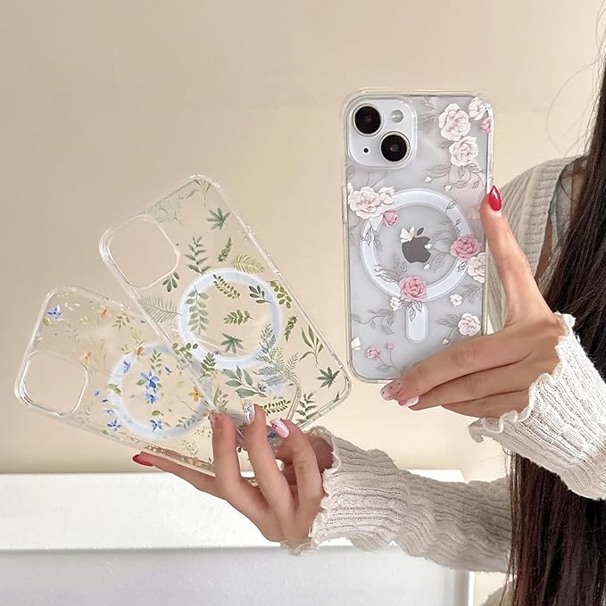 ZTOFERA for iPhone 15 Magnetic Case Compatible with Magsafe,Aesthetic Floral Pattern Design Cute for Girl Women,Anti-Drop Protective Hard Phone Cover for iPhone 15-Blue Flower