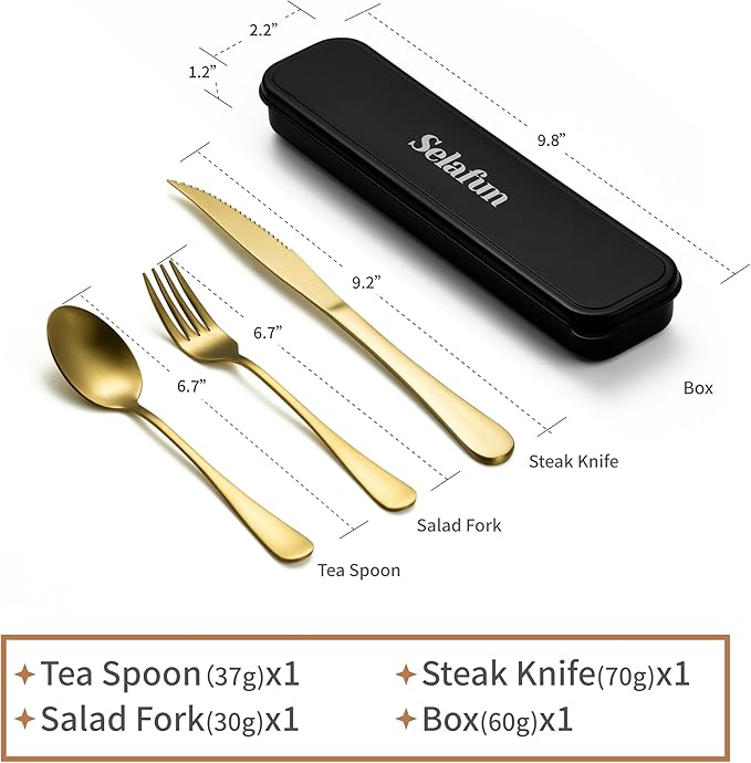 4-pieces Travel Set with Case Portable Silverware Utensils Set for work, Stainless Steel Reusable Flatware Set Cutlery Set for Camping Picnic Hiking Office (6.7inch, Matte Gold)