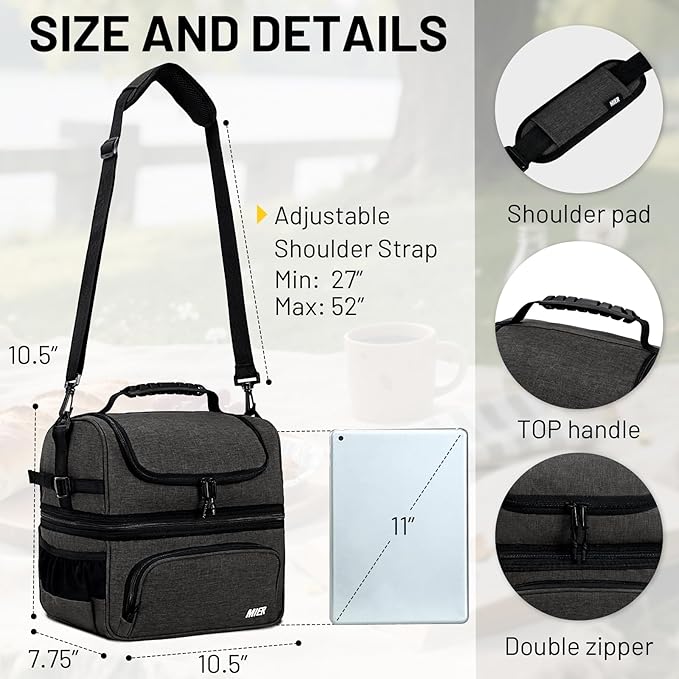 MIER Dual Compartment Lunch Bag Tote with Shoulder Strap for Men and Women Insulated Leakproof Cooler Bag, Dark Grey