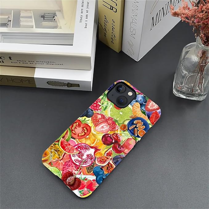 Case for iPhone 13 iPhone 14,Summer Fruit Collage for Woman Men Full Body Protective Cover Shockproof 2 in 1 Silicone + Hard PC Design Case