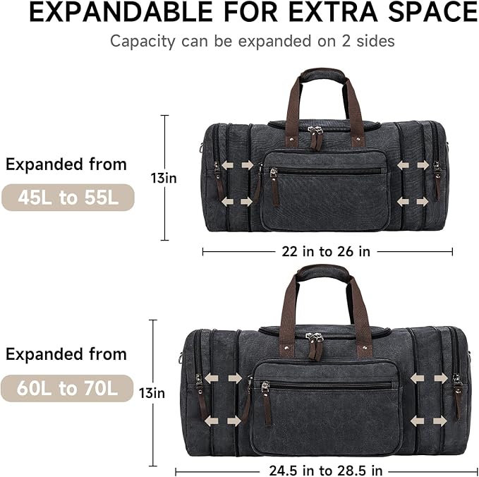 Canvas Expandable Duffle Bag for Men Traveling, Luggage Travel Bag Weekender Overnight Bag,Mens Gym Carry on Duffel Bags
