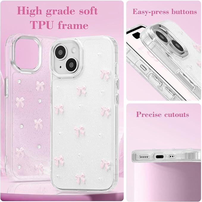 EYZUTAK Case for iPhone 14 Plus, Bling Glitter 3D Bowknot Phone Case Cute Sparkly Crystal Clear Bow Aesthetic Design Case Slim Soft Durable TPU Transparent Protective Cover for Women Girl - Pink Bow