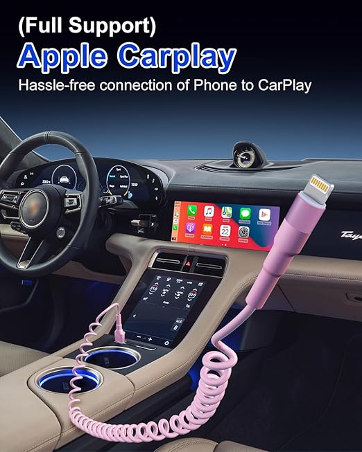 Pink Car Charger Cable - Coiled Lightning Cable for Apple CarPlay with 480Mbps Data Sync LED [MFi Certified], Fast Charging Short USB to Lightning Pink Retractable iPhone Charger Cord for Car