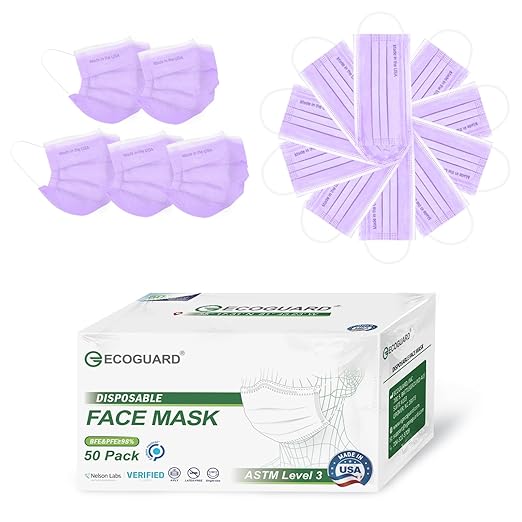 Disposable Face Masks Made in USA, 4 Ply for Families, Students, Breathable All-Day Wear & Safety, FSA HSA Eligible, ASTM Level 3 Medical Grade, 50 Pack, Purple
