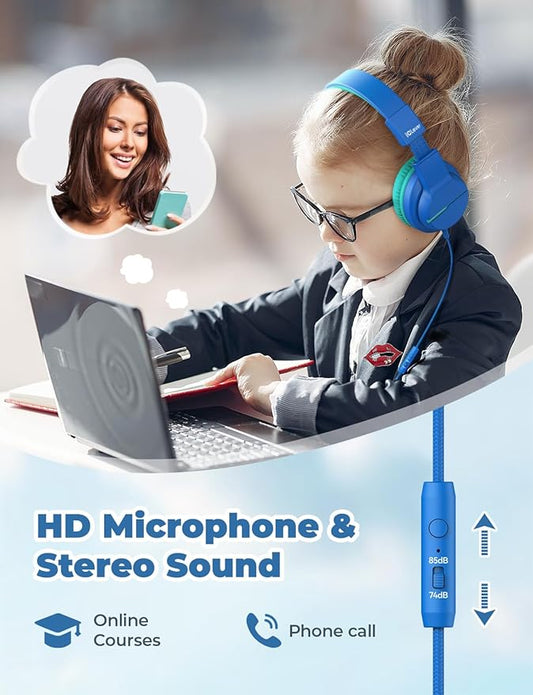 iClever HS19 Kids Headphones with Microphone for School, Volume Limiter 74/85dBA, Over-Ear Girls Boys Headphones for Kids with Shareport, Foldable for iPad/Travel (Navy Blue)