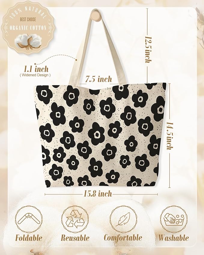 Large Tote Bag for Women - Canvas Tote Bag with Zipper Aesthetic Reusable Shoulder Bag for Gym, Travel, Work