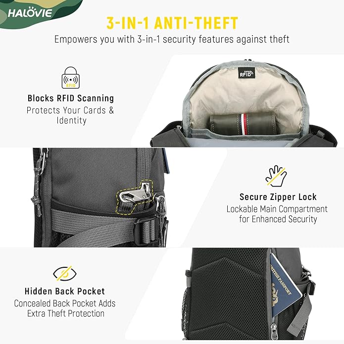 HALOVIE Crossbody Sling Bag Anti Theft Crossbody Backpack RFID Sling Backpack Lightweight Travel Hiking Chest Bag