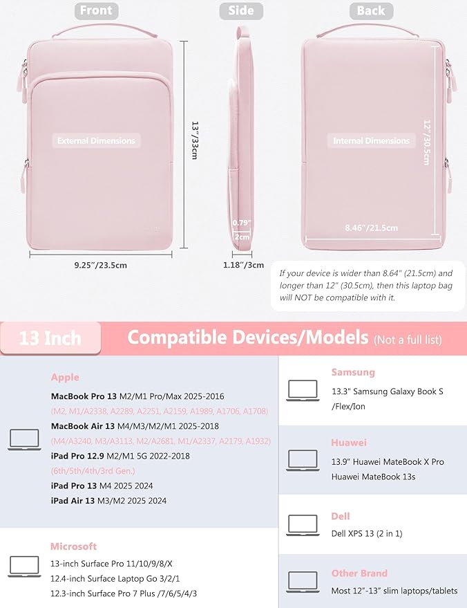 HYZUO 13 Inch Laptop Bag Sleeve for MacBook Air 13 M4 M3 M2 M1 2025-2018, MacBook Pro 13 M2 M1 2025-2016, 13" iPad Pro/Air, Surface Pro, XPS 13, Protective Case for 12"-13" Tablet, Pale Pink