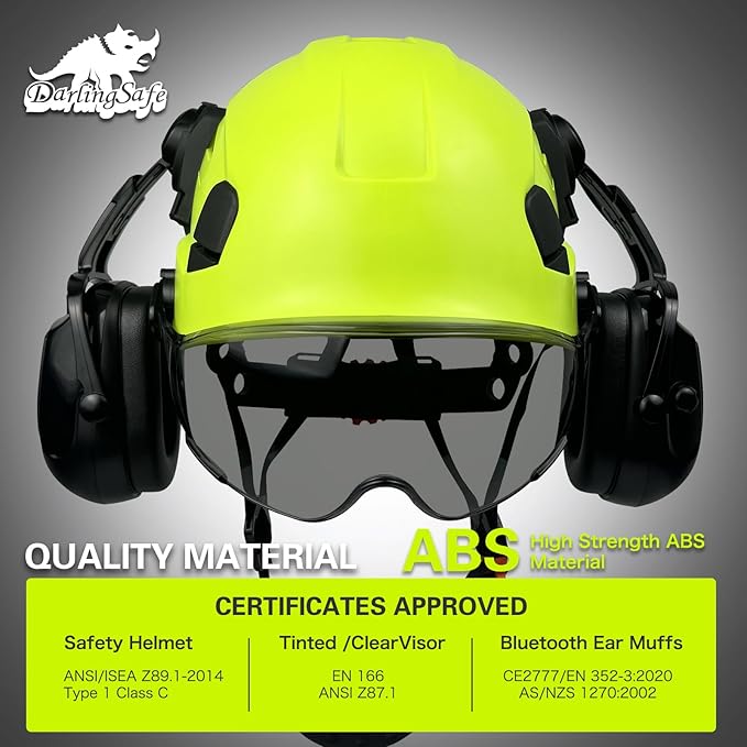 Hard Hats with Visor Bluetooth Ear Muffs Safety Helmet with Visors Mounted Safety Ear muff Hardhats Vented ANSI Z89.1 OSHA