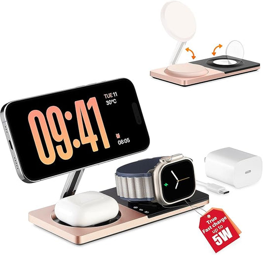 3 in 1 Charging Station for Apple Devices: Mag-Safe Charger Stand Fast Charging, Wireless Charger for iPhone 16/15/14/13/12 Series, Apple Watch Series 1-9/Ultra, AirPods Pro,30W USB Charger (Golden)
