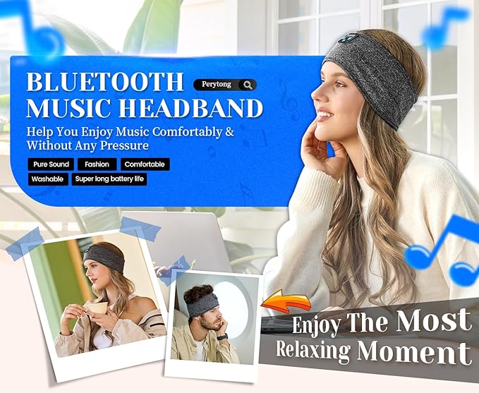 Perytong Sleeping Headphones Bluetooth Headband, Soft Long Time Play Sleeping Headsets with Built in Speakers Perfect for Workout,Running,Yoga,Travel, Darkgray
