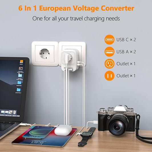 Mapambo Voltage Converter US to Europe Travel: International Universal Travel Adapter with Fast Charging 2 USB-A 2 USB-C Port Worldwide Power Converters Plug Combo for Spain Italy (White)
