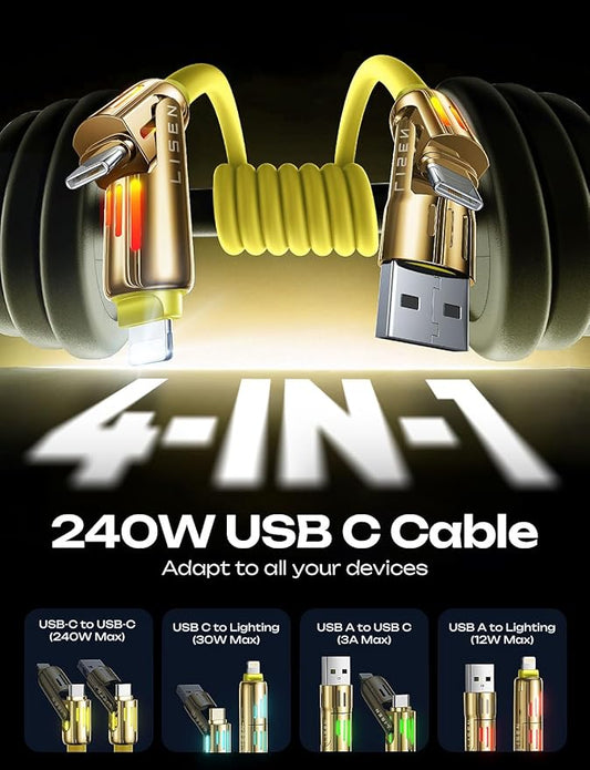 LISEN 6.6FT 240W 4-in-1 Multi Charging Cable, USB A/C to C/L, Yellow, for iPhone 16/15/14 Pro Max/MacBook/iPad Pro/Samsung Galaxy