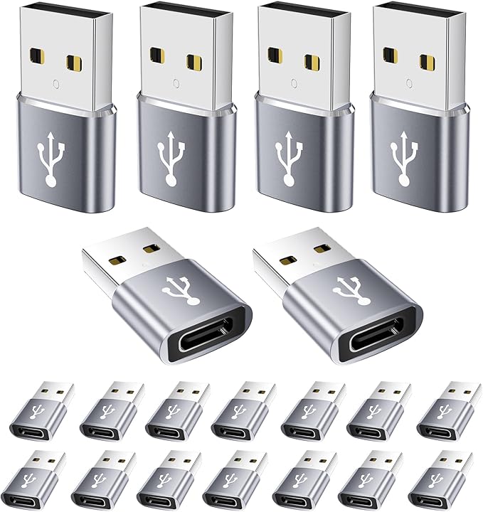 USB to USB C Adapter 20 Pack,USB A to USB C Adapter,C Female to A Male,USBA Charger Cable Converter for iPhone,iPad,AirPods,Tablet,Grey