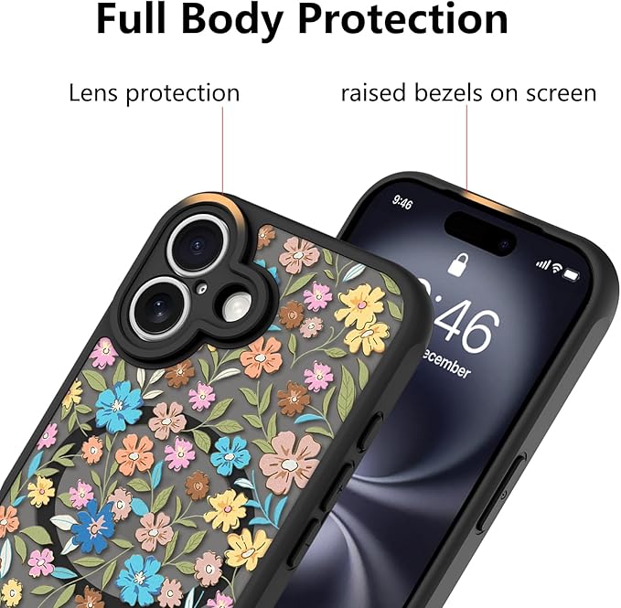 KANGHAR Case Compatible with iPhone 16 Flower Pattern [Compatible with Magsafe] Cute Colorful Blooming Florals Protective Magnetic Case for Girls Women 6.1"