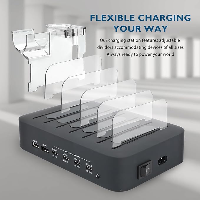 USB C Charging Station for Multiple Devices Apple,100W 4 PD and 2 USB Charger Stations Compatible with Apple iPhone iPad and Android Phone and Tablet,Type C Multi Charging Station