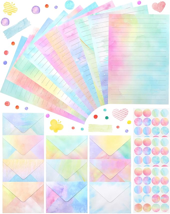 160 Pcs Stationery Paper Set Including 50 Matching Envelopes 50 One Side Stationery Writing Papers 60 Round Dot Sticker for School Office Supplies,10 Designs, 5.5 x 8.25 Inch(Watercolor)