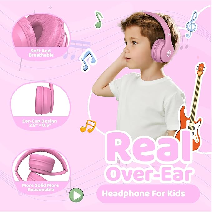 Headphones Kids Bluetooth 5.4 Wireless Play Time 68H Safe Volume Limit 85/94dB Over-Ear Foldable Headset,Fast Charging,with Aux Cord Built-in Mic for Toddler Child Pad Study Tablet Pink