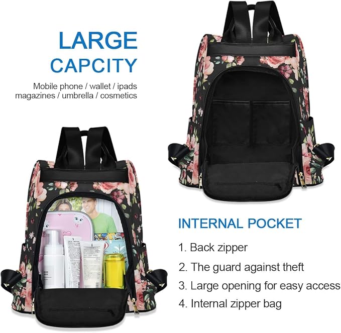 ALAZA Rose Flowers Floral Black Backpack Purse for Women Anti Theft Fashion Back Pack Shoulder Bag