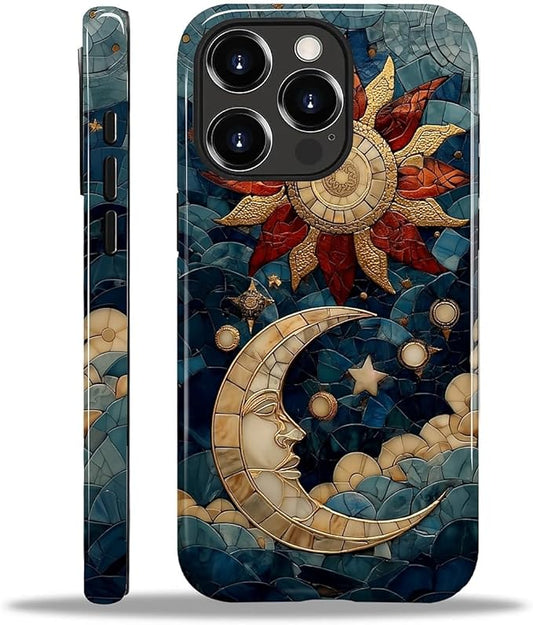 Case for iPhone 13 Pro Case,Sun Moon Stars Faux Stained Glass Design - Hybrid Dual Protection Silicone + Hard PC Shockproof Full Body Cover Slim Anti-Scratch Protective Case for Men Women