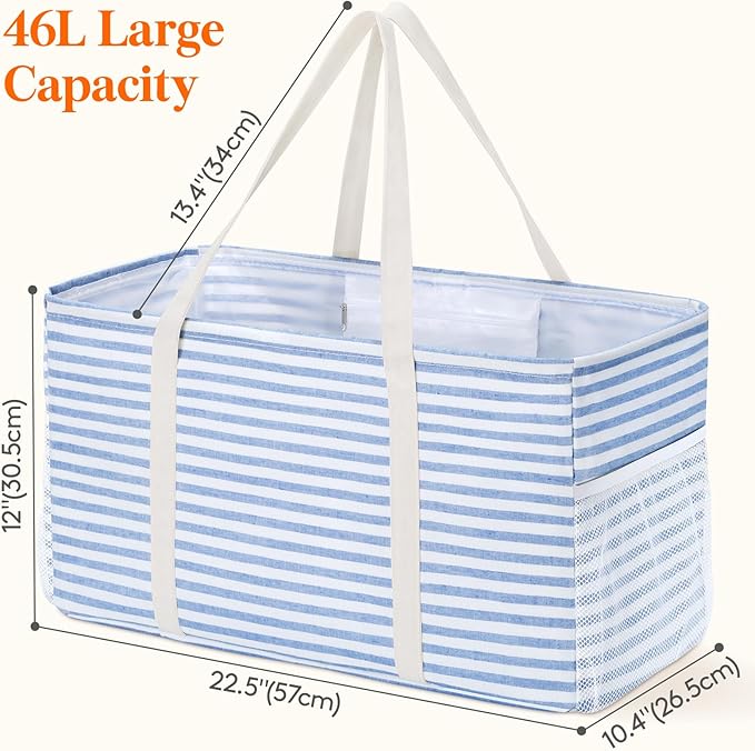 Lifewit Extra Large Tote Bag, Reusable Grocery Bags with Metal Wire Frame and Handles, Standing Utility Foldable Shopping Bags for Storage, Picnics, Beach, Pool, Laundry, Car, Camping 2 Packs 46L Blue