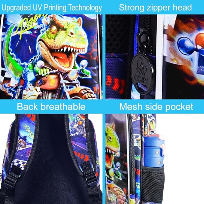 CCJPX 3PCS Dinosaur Backpack for Boys, 16 Inch Kids Water Resistant Preschool Bookbags with Lunch Box, Cool School Bag for Kindergarten Toddler
